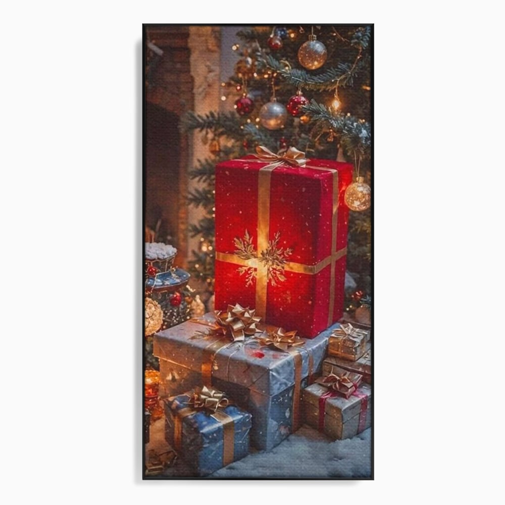 Leinwandbilder Premium, LuxCanva® D1115, Unter dem geschmückten Weihnachtsbaum, Schachteln, Schleifen, Spielzeug, Nacht, Heiligabend, Erwartung, Glitzern, Bänder, Golden, Kamin, Feuer, Verpackung, Bunt, Emotional, Wohnen, Schlafzimmer