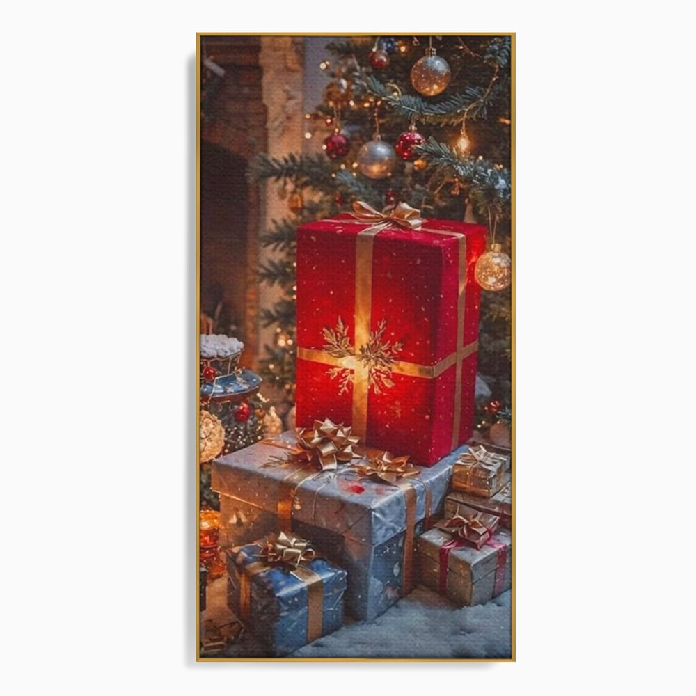 Leinwandbilder Premium, LuxCanva® D1115, Unter dem geschmückten Weihnachtsbaum, Schachteln, Schleifen, Spielzeug, Nacht, Heiligabend, Erwartung, Glitzern, Bänder, Golden, Kamin, Feuer, Verpackung, Bunt, Emotional, Wohnen, Schlafzimmer