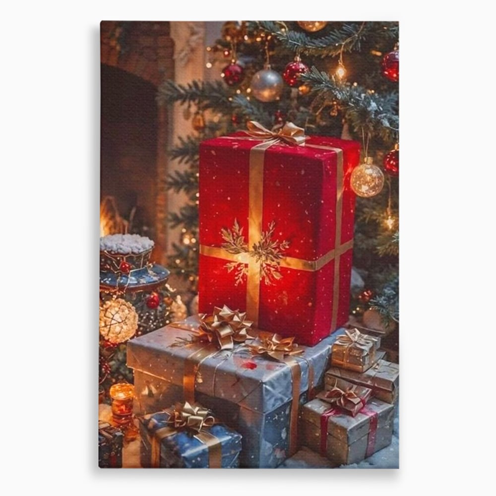 Leinwandbilder Premium, LuxCanva® D1115, Unter dem geschmückten Weihnachtsbaum, Schachteln, Schleifen, Spielzeug, Nacht, Heiligabend, Erwartung, Glitzern, Bänder, Golden, Kamin, Feuer, Verpackung, Bunt, Emotional, Wohnen, Schlafzimmer