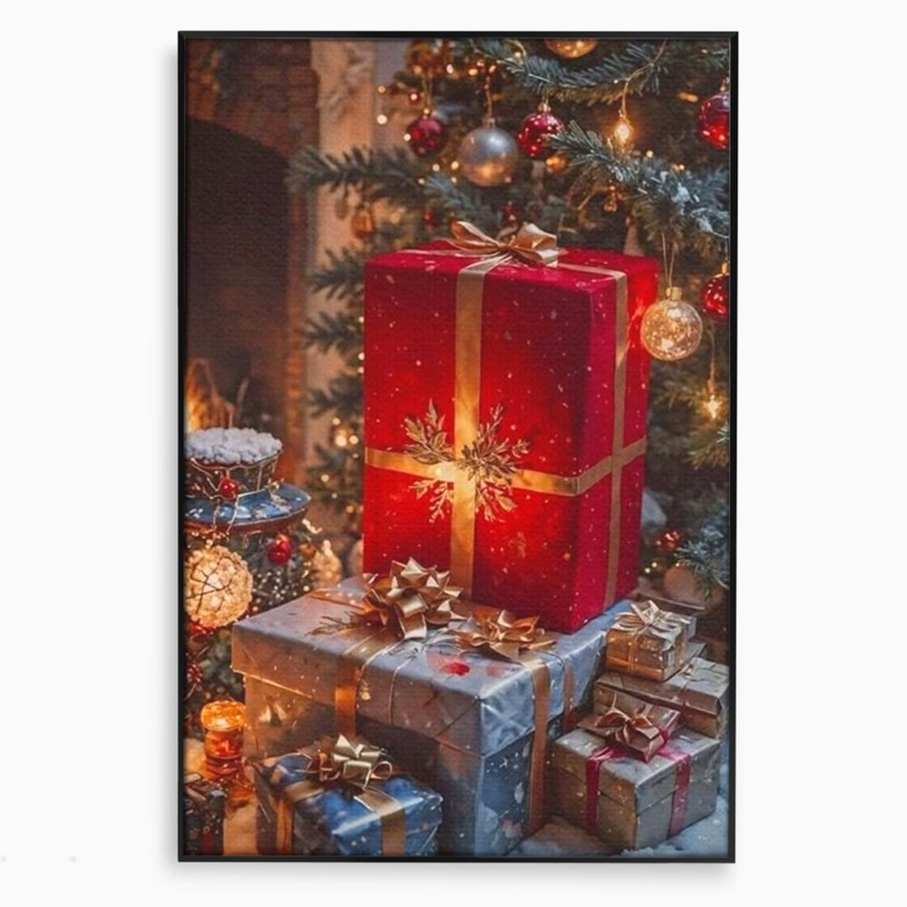Leinwandbilder Premium, LuxCanva® D1115, Unter dem geschmückten Weihnachtsbaum, Schachteln, Schleifen, Spielzeug, Nacht, Heiligabend, Erwartung, Glitzern, Bänder, Golden, Kamin, Feuer, Verpackung, Bunt, Emotional, Wohnen, Schlafzimmer