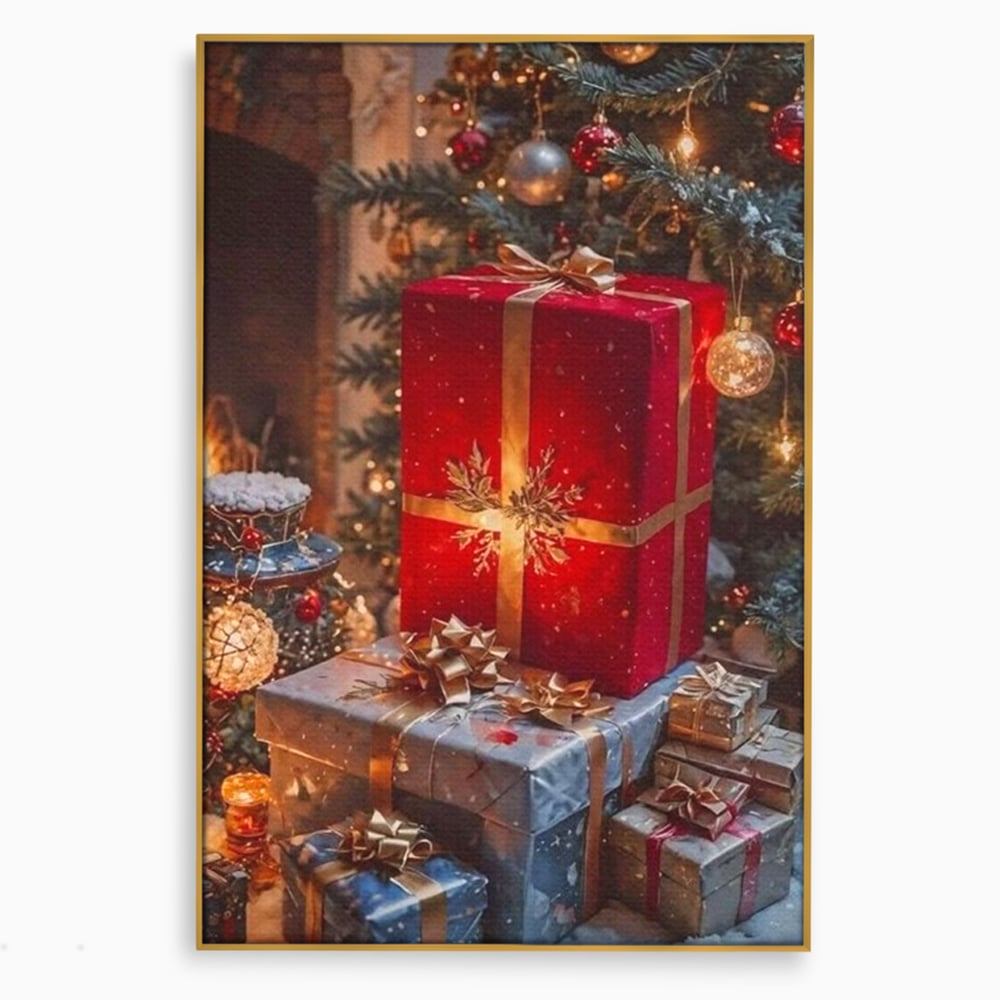 Leinwandbilder Premium, LuxCanva® D1115, Unter dem geschmückten Weihnachtsbaum, Schachteln, Schleifen, Spielzeug, Nacht, Heiligabend, Erwartung, Glitzern, Bänder, Golden, Kamin, Feuer, Verpackung, Bunt, Emotional, Wohnen, Schlafzimmer