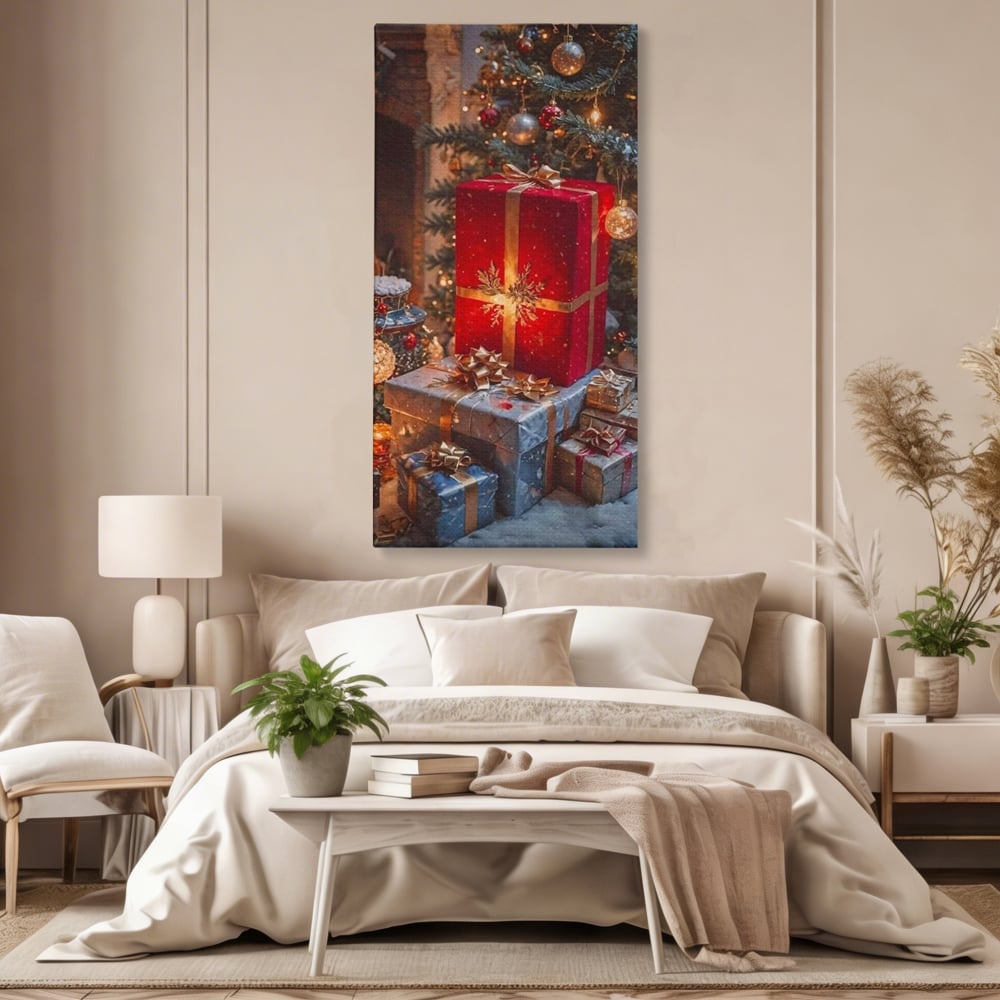 Leinwandbilder Premium, LuxCanva® D1115, Unter dem geschmückten Weihnachtsbaum, Schachteln, Schleifen, Spielzeug, Nacht, Heiligabend, Erwartung, Glitzern, Bänder, Golden, Kamin, Feuer, Verpackung, Bunt, Emotional, Wohnen, Schlafzimmer