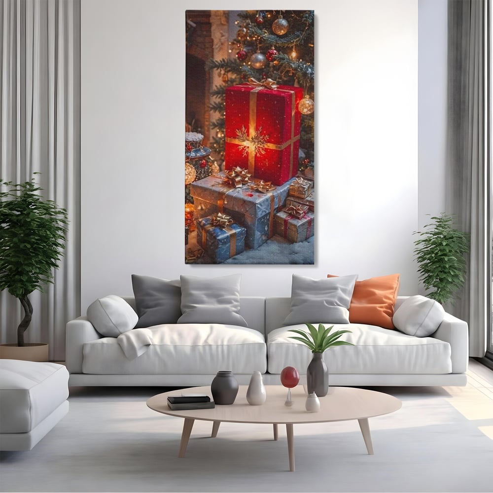 Leinwandbilder Premium, LuxCanva® D1115, Unter dem geschmückten Weihnachtsbaum, Schachteln, Schleifen, Spielzeug, Nacht, Heiligabend, Erwartung, Glitzern, Bänder, Golden, Kamin, Feuer, Verpackung, Bunt, Emotional, Wohnen, Schlafzimmer