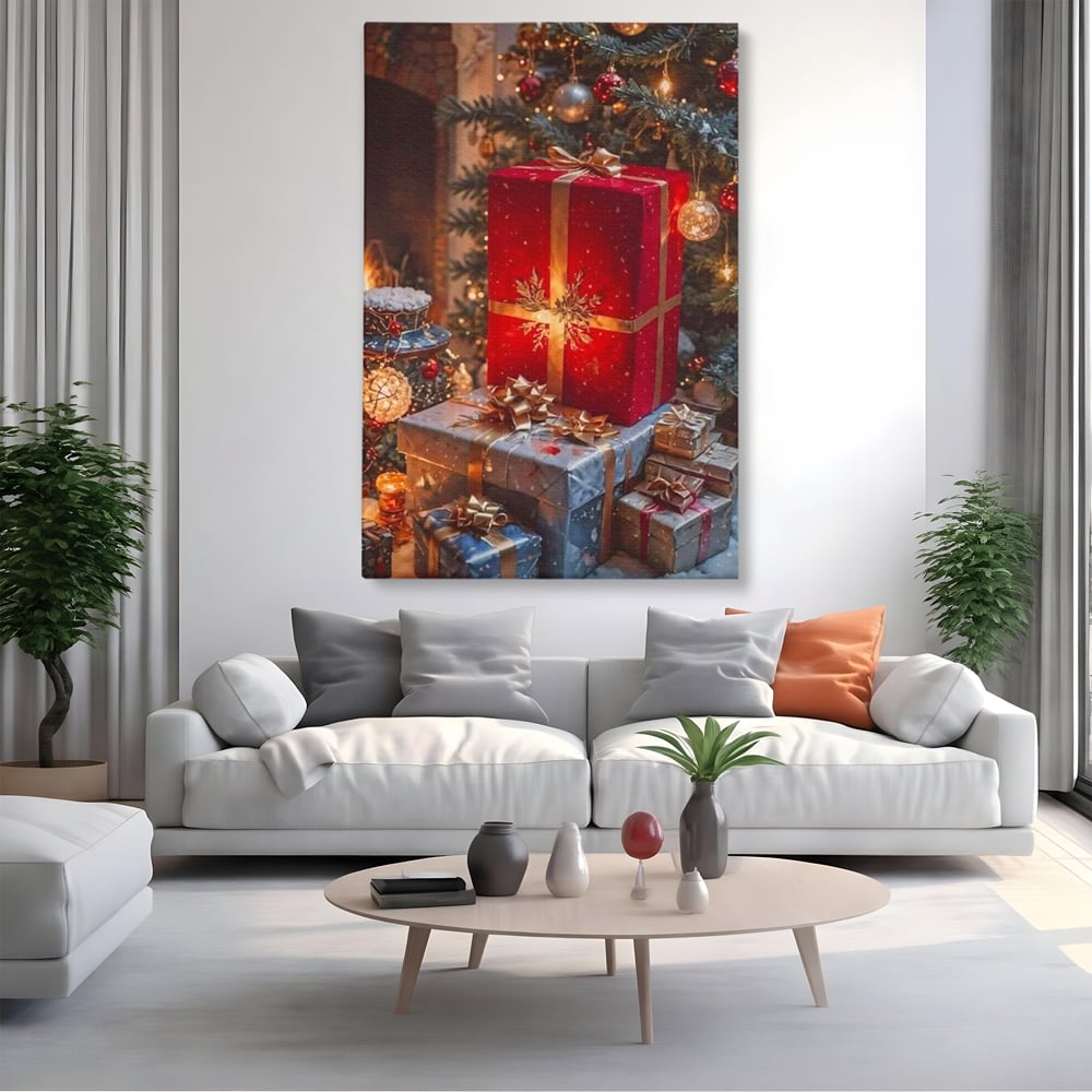 Leinwandbilder Premium, LuxCanva® D1115, Unter dem geschmückten Weihnachtsbaum, Schachteln, Schleifen, Spielzeug, Nacht, Heiligabend, Erwartung, Glitzern, Bänder, Golden, Kamin, Feuer, Verpackung, Bunt, Emotional, Wohnen, Schlafzimmer