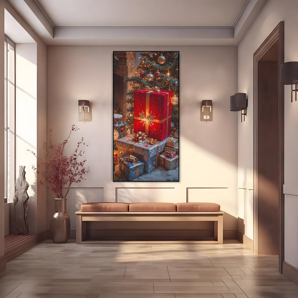 Leinwandbilder Premium, LuxCanva® D1115, Unter dem geschmückten Weihnachtsbaum, Schachteln, Schleifen, Spielzeug, Nacht, Heiligabend, Erwartung, Glitzern, Bänder, Golden, Kamin, Feuer, Verpackung, Bunt, Emotional, Wohnen, Schlafzimmer