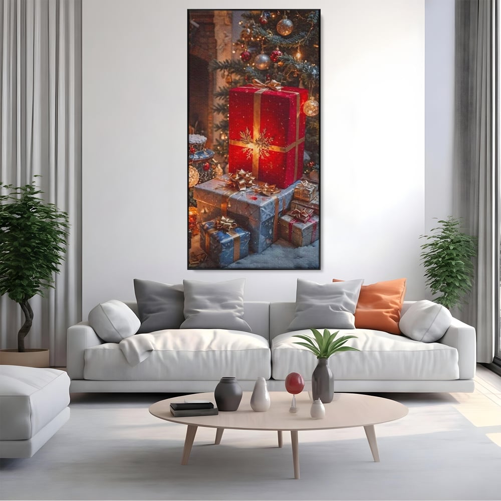Leinwandbilder Premium, LuxCanva® D1115, Unter dem geschmückten Weihnachtsbaum, Schachteln, Schleifen, Spielzeug, Nacht, Heiligabend, Erwartung, Glitzern, Bänder, Golden, Kamin, Feuer, Verpackung, Bunt, Emotional, Wohnen, Schlafzimmer