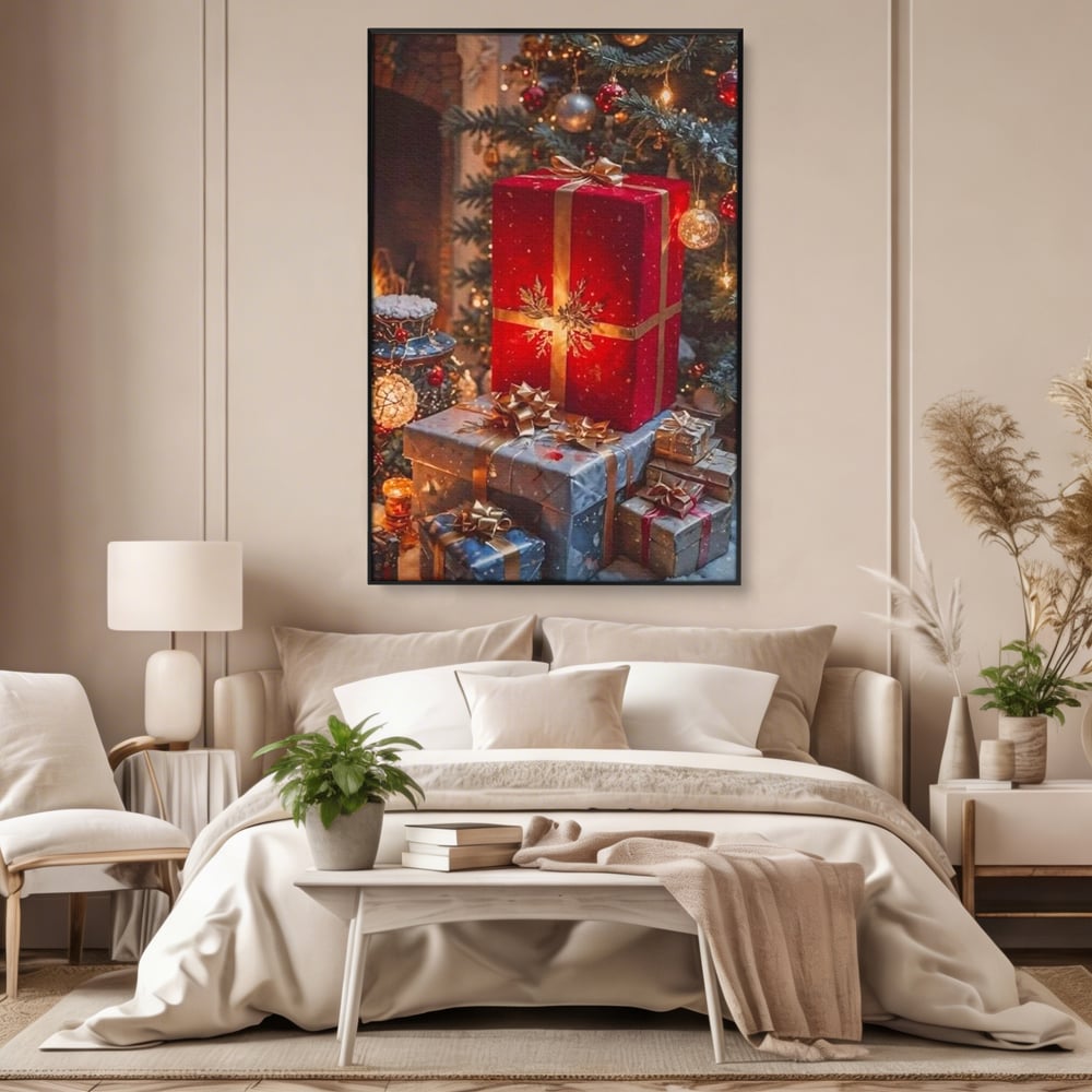 Leinwandbilder Premium, LuxCanva® D1115, Unter dem geschmückten Weihnachtsbaum, Schachteln, Schleifen, Spielzeug, Nacht, Heiligabend, Erwartung, Glitzern, Bänder, Golden, Kamin, Feuer, Verpackung, Bunt, Emotional, Wohnen, Schlafzimmer