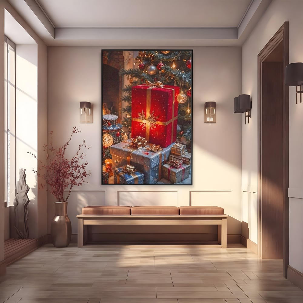 Leinwandbilder Premium, LuxCanva® D1115, Unter dem geschmückten Weihnachtsbaum, Schachteln, Schleifen, Spielzeug, Nacht, Heiligabend, Erwartung, Glitzern, Bänder, Golden, Kamin, Feuer, Verpackung, Bunt, Emotional, Wohnen, Schlafzimmer