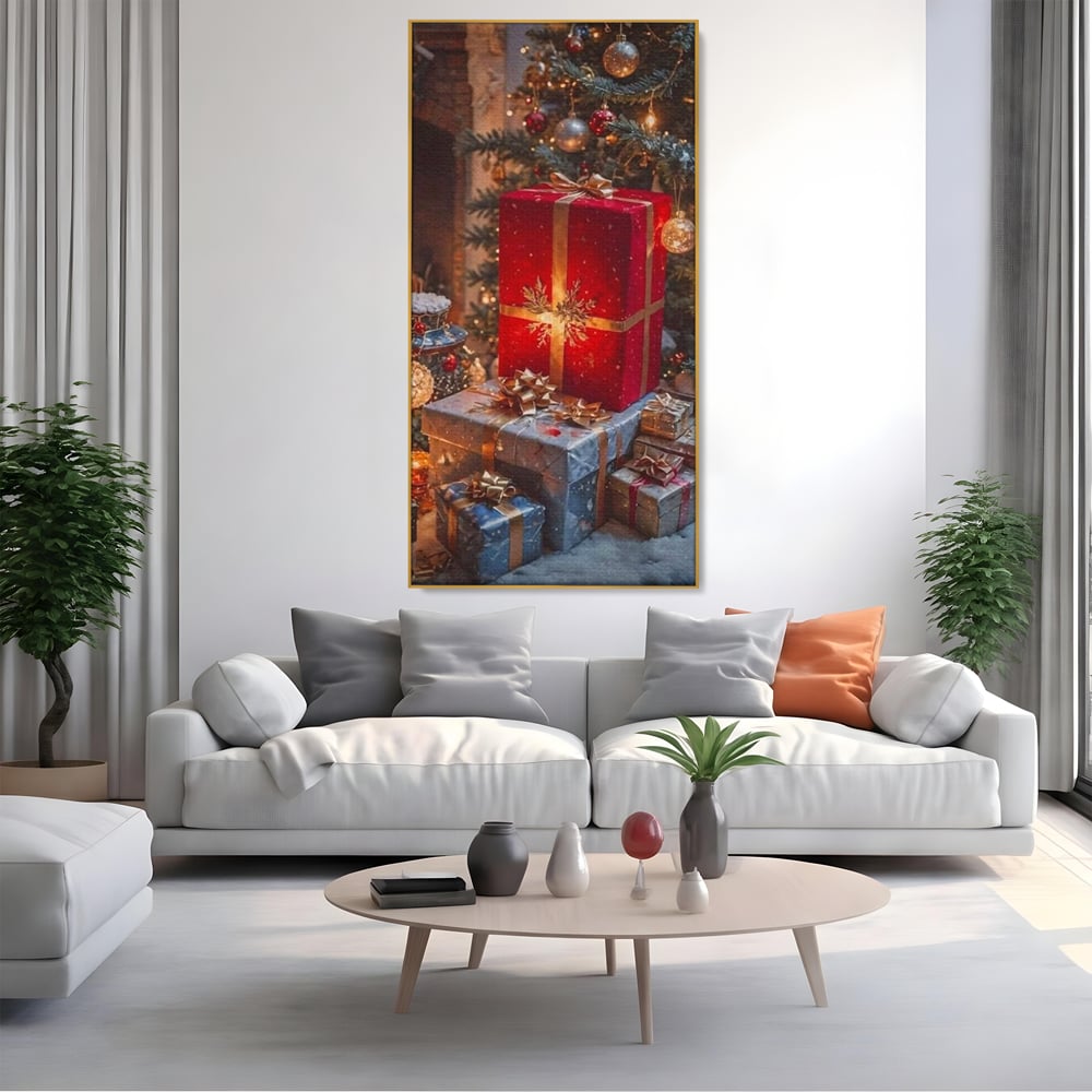 Leinwandbilder Premium, LuxCanva® D1115, Unter dem geschmückten Weihnachtsbaum, Schachteln, Schleifen, Spielzeug, Nacht, Heiligabend, Erwartung, Glitzern, Bänder, Golden, Kamin, Feuer, Verpackung, Bunt, Emotional, Wohnen, Schlafzimmer