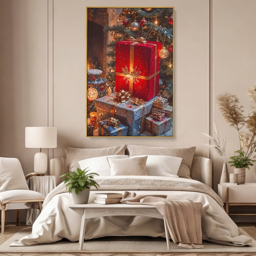 Leinwandbilder Premium, LuxCanva® D1115, Unter dem geschmückten Weihnachtsbaum, Schachteln, Schleifen, Spielzeug, Nacht, Heiligabend, Erwartung, Glitzern, Bänder, Golden, Kamin, Feuer, Verpackung, Bunt, Emotional, Wohnen, Schlafzimmer