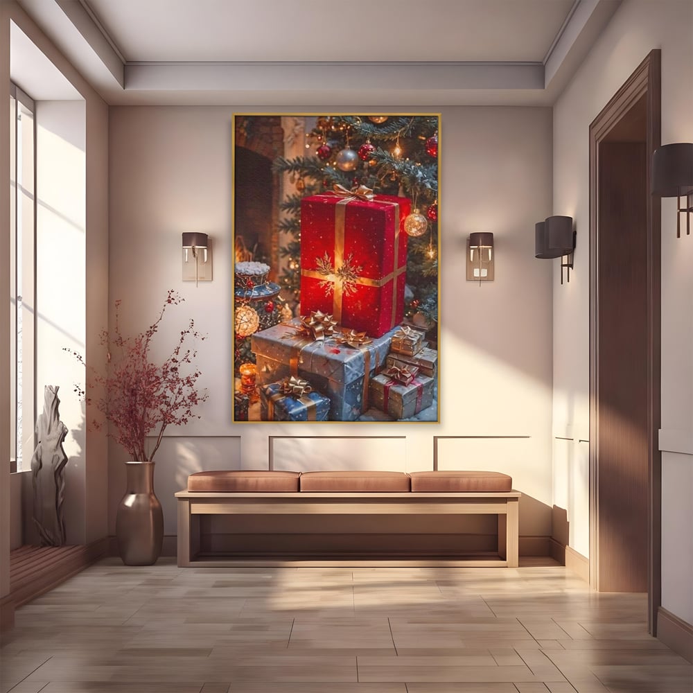 Leinwandbilder Premium, LuxCanva® D1115, Unter dem geschmückten Weihnachtsbaum, Schachteln, Schleifen, Spielzeug, Nacht, Heiligabend, Erwartung, Glitzern, Bänder, Golden, Kamin, Feuer, Verpackung, Bunt, Emotional, Wohnen, Schlafzimmer