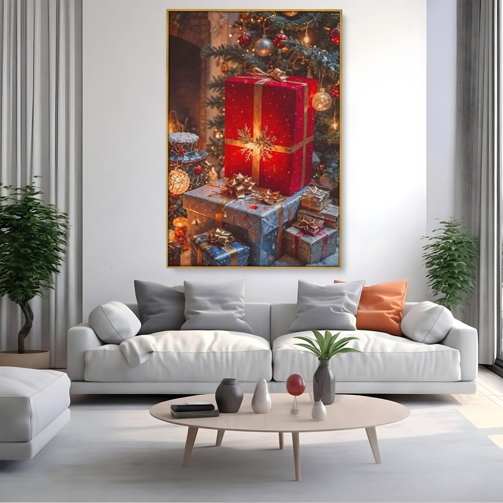 Leinwandbilder Premium, LuxCanva® D1115, Unter dem geschmückten Weihnachtsbaum, Schachteln, Schleifen, Spielzeug, Nacht, Heiligabend, Erwartung, Glitzern, Bänder, Golden, Kamin, Feuer, Verpackung, Bunt, Emotional, Wohnen, Schlafzimmer