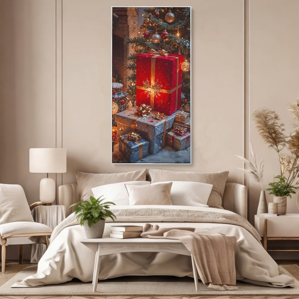 Leinwandbilder Premium, LuxCanva® D1115, Unter dem geschmückten Weihnachtsbaum, Schachteln, Schleifen, Spielzeug, Nacht, Heiligabend, Erwartung, Glitzern, Bänder, Golden, Kamin, Feuer, Verpackung, Bunt, Emotional, Wohnen, Schlafzimmer