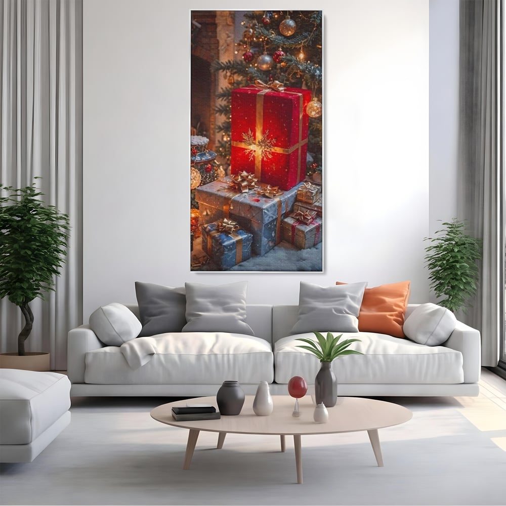 Leinwandbilder Premium, LuxCanva® D1115, Unter dem geschmückten Weihnachtsbaum, Schachteln, Schleifen, Spielzeug, Nacht, Heiligabend, Erwartung, Glitzern, Bänder, Golden, Kamin, Feuer, Verpackung, Bunt, Emotional, Wohnen, Schlafzimmer