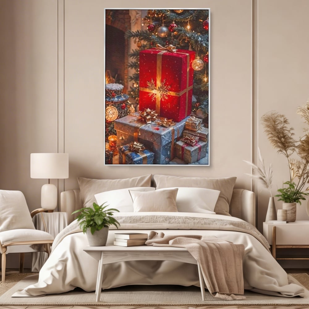 Leinwandbilder Premium, LuxCanva® D1115, Unter dem geschmückten Weihnachtsbaum, Schachteln, Schleifen, Spielzeug, Nacht, Heiligabend, Erwartung, Glitzern, Bänder, Golden, Kamin, Feuer, Verpackung, Bunt, Emotional, Wohnen, Schlafzimmer