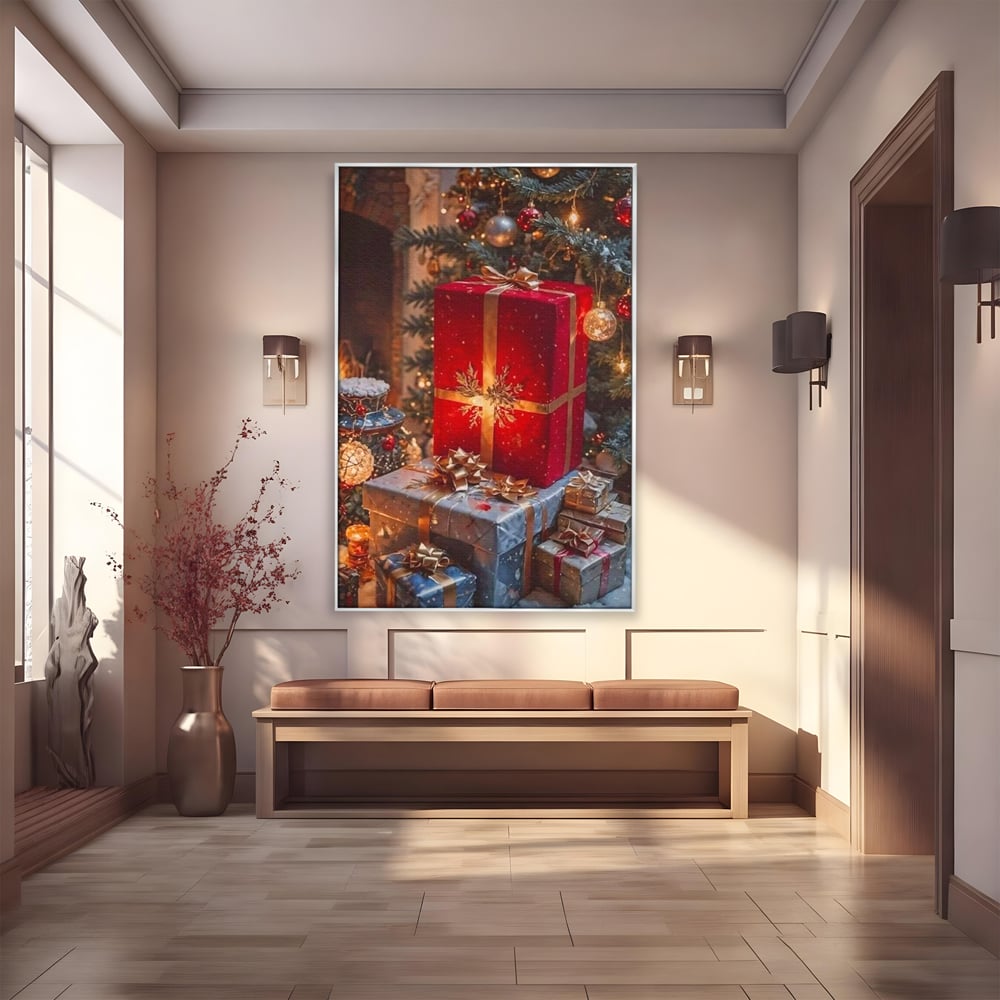 Leinwandbilder Premium, LuxCanva® D1115, Unter dem geschmückten Weihnachtsbaum, Schachteln, Schleifen, Spielzeug, Nacht, Heiligabend, Erwartung, Glitzern, Bänder, Golden, Kamin, Feuer, Verpackung, Bunt, Emotional, Wohnen, Schlafzimmer