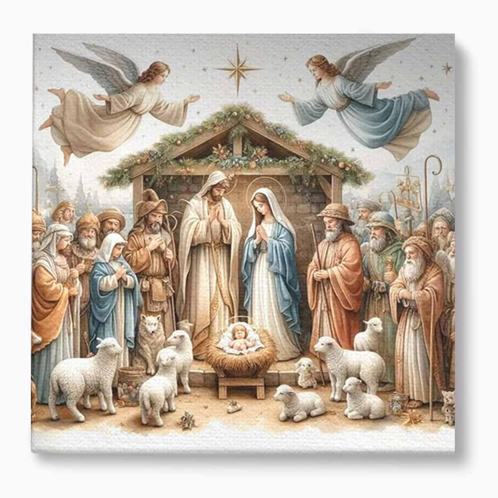 Leinwand Wandkunst Canvas Premium, LuxCanva® D1116, Frieden der Heiligen Insel, Szene, biblisch, Jesus, Engel, Hirten, Schafe, Schafe, Stern, Licht, Erlösung, Herrlichkeit, Spiritualität, Weihnachten, Glaube, Wohnen, Schlafzimmer