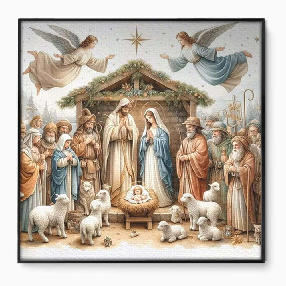 Leinwand Wandkunst Canvas Premium, LuxCanva® D1116, Frieden der Heiligen Insel, Szene, biblisch, Jesus, Engel, Hirten, Schafe, Schafe, Stern, Licht, Erlösung, Herrlichkeit, Spiritualität, Weihnachten, Glaube, Wohnen, Schlafzimmer