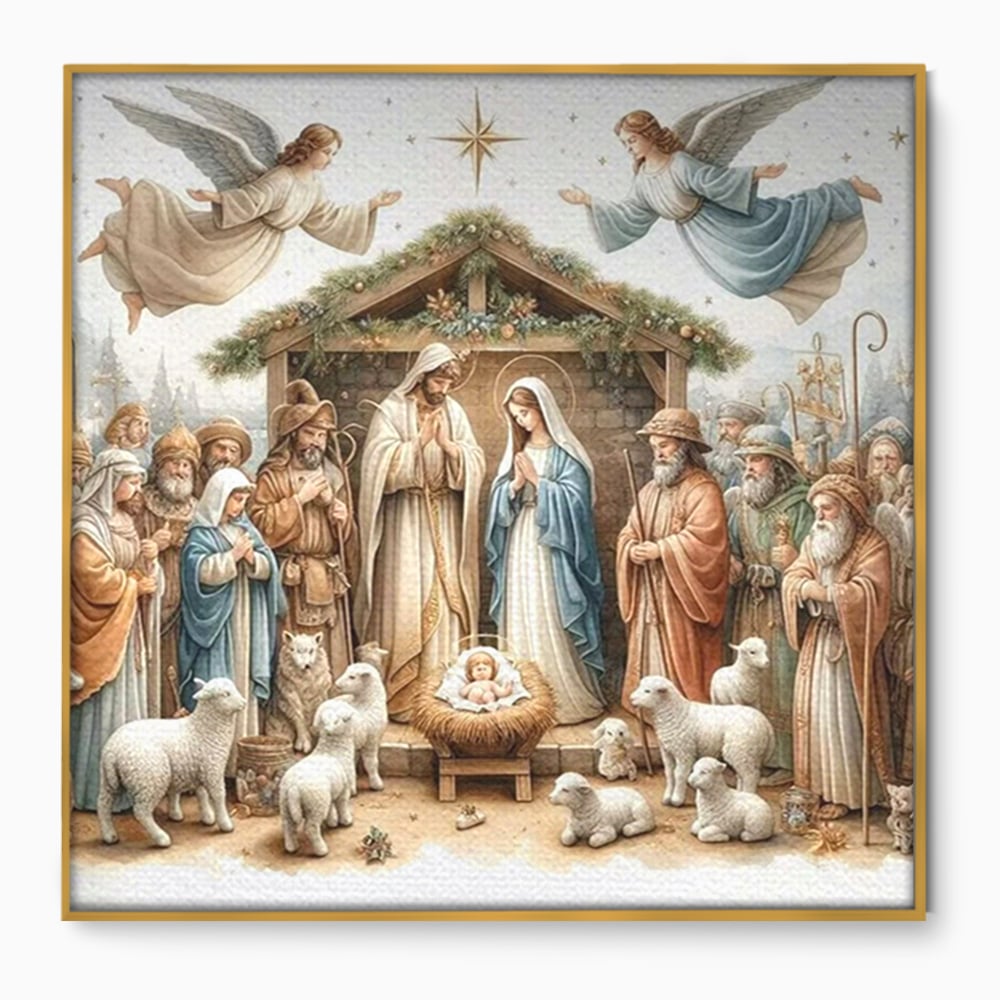 Leinwand Wandkunst Canvas Premium, LuxCanva® D1116, Frieden der Heiligen Insel, Szene, biblisch, Jesus, Engel, Hirten, Schafe, Schafe, Stern, Licht, Erlösung, Herrlichkeit, Spiritualität, Weihnachten, Glaube, Wohnen, Schlafzimmer