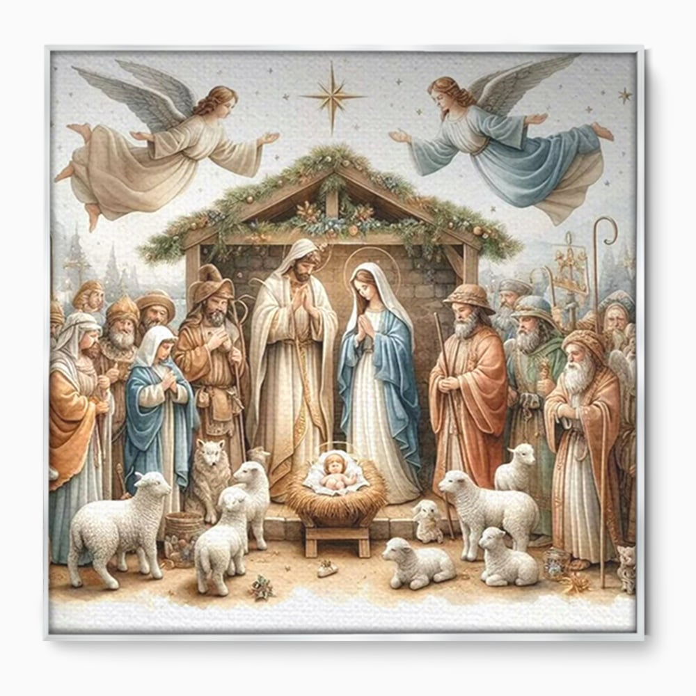Leinwand Wandkunst Canvas Premium, LuxCanva® D1116, Frieden der Heiligen Insel, Szene, biblisch, Jesus, Engel, Hirten, Schafe, Schafe, Stern, Licht, Erlösung, Herrlichkeit, Spiritualität, Weihnachten, Glaube, Wohnen, Schlafzimmer