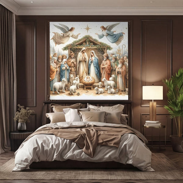 Leinwand Wandkunst Canvas Premium, LuxCanva® D1116, Frieden der Heiligen Insel, Szene, biblisch, Jesus, Engel, Hirten, Schafe, Schafe, Stern, Licht, Erlösung, Herrlichkeit, Spiritualität, Weihnachten, Glaube, Wohnen, Schlafzimmer