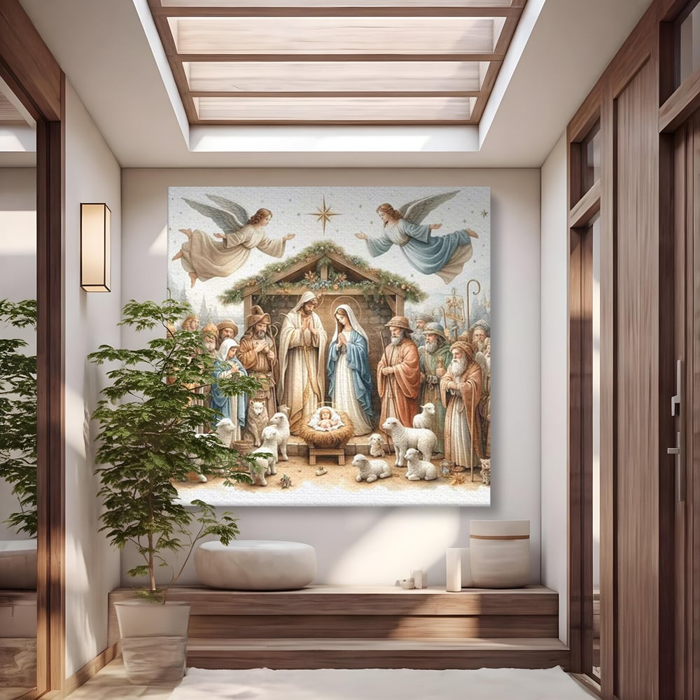 Leinwand Wandkunst Canvas Premium, LuxCanva® D1116, Frieden der Heiligen Insel, Szene, biblisch, Jesus, Engel, Hirten, Schafe, Schafe, Stern, Licht, Erlösung, Herrlichkeit, Spiritualität, Weihnachten, Glaube, Wohnen, Schlafzimmer