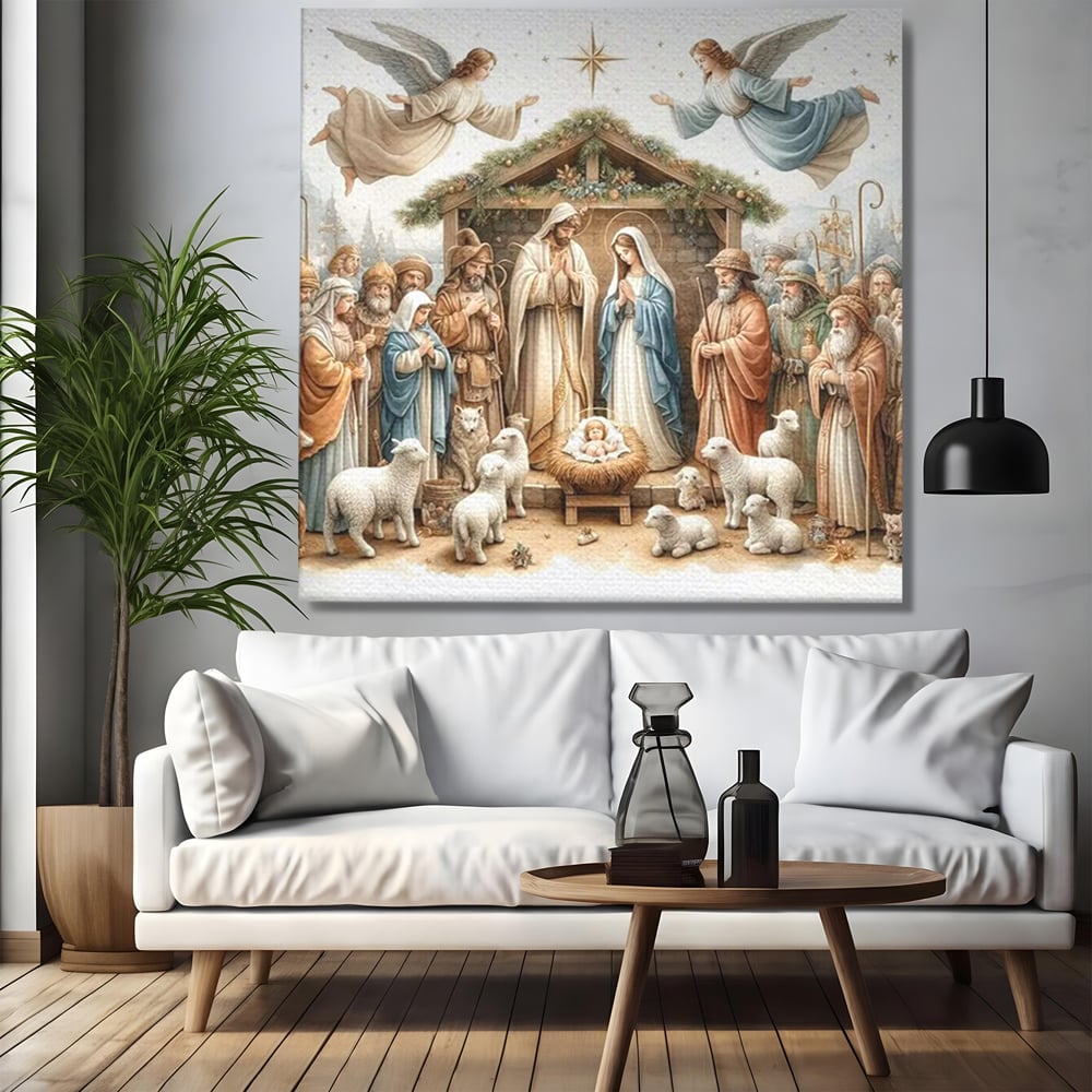 Leinwand Wandkunst Canvas Premium, LuxCanva® D1116, Frieden der Heiligen Insel, Szene, biblisch, Jesus, Engel, Hirten, Schafe, Schafe, Stern, Licht, Erlösung, Herrlichkeit, Spiritualität, Weihnachten, Glaube, Wohnen, Schlafzimmer