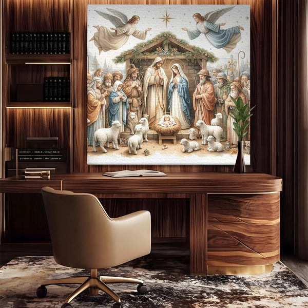 Leinwand Wandkunst Canvas Premium, LuxCanva® D1116, Frieden der Heiligen Insel, Szene, biblisch, Jesus, Engel, Hirten, Schafe, Schafe, Stern, Licht, Erlösung, Herrlichkeit, Spiritualität, Weihnachten, Glaube, Wohnen, Schlafzimmer