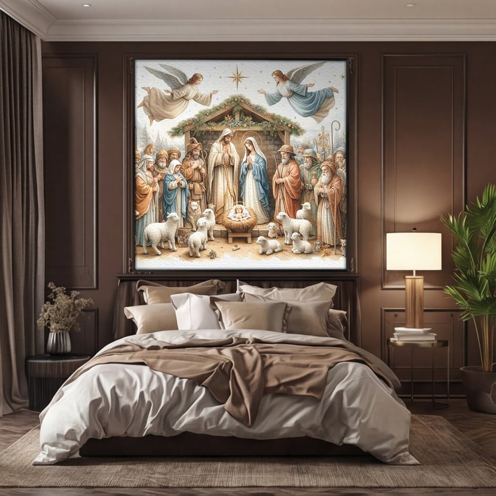 Leinwand Wandkunst Canvas Premium, LuxCanva® D1116, Frieden der Heiligen Insel, Szene, biblisch, Jesus, Engel, Hirten, Schafe, Schafe, Stern, Licht, Erlösung, Herrlichkeit, Spiritualität, Weihnachten, Glaube, Wohnen, Schlafzimmer