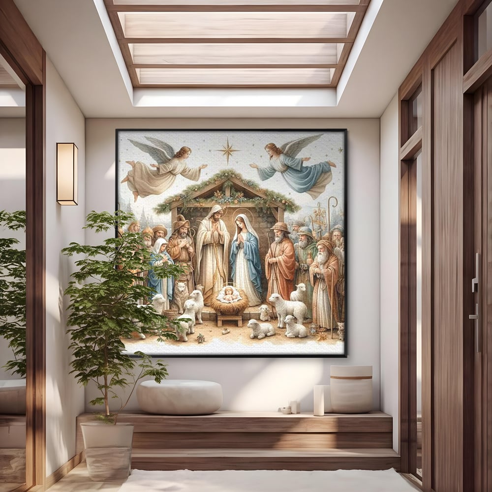 Leinwand Wandkunst Canvas Premium, LuxCanva® D1116, Frieden der Heiligen Insel, Szene, biblisch, Jesus, Engel, Hirten, Schafe, Schafe, Stern, Licht, Erlösung, Herrlichkeit, Spiritualität, Weihnachten, Glaube, Wohnen, Schlafzimmer