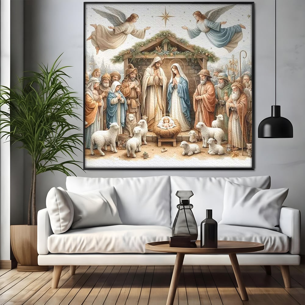 Leinwand Wandkunst Canvas Premium, LuxCanva® D1116, Frieden der Heiligen Insel, Szene, biblisch, Jesus, Engel, Hirten, Schafe, Schafe, Stern, Licht, Erlösung, Herrlichkeit, Spiritualität, Weihnachten, Glaube, Wohnen, Schlafzimmer