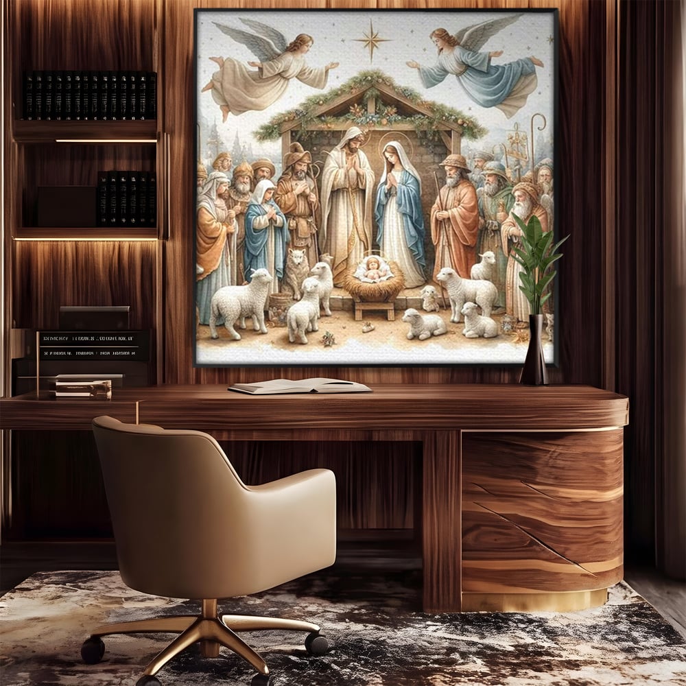Leinwand Wandkunst Canvas Premium, LuxCanva® D1116, Frieden der Heiligen Insel, Szene, biblisch, Jesus, Engel, Hirten, Schafe, Schafe, Stern, Licht, Erlösung, Herrlichkeit, Spiritualität, Weihnachten, Glaube, Wohnen, Schlafzimmer