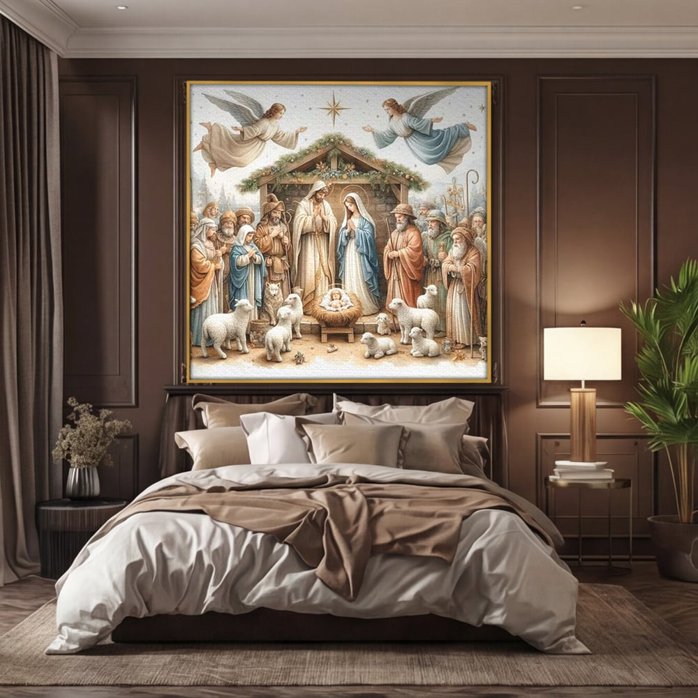 Leinwand Wandkunst Canvas Premium, LuxCanva® D1116, Frieden der Heiligen Insel, Szene, biblisch, Jesus, Engel, Hirten, Schafe, Schafe, Stern, Licht, Erlösung, Herrlichkeit, Spiritualität, Weihnachten, Glaube, Wohnen, Schlafzimmer