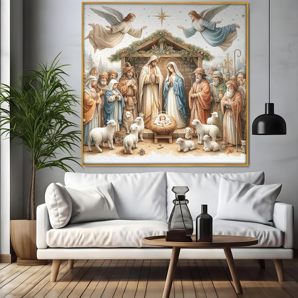 Leinwand Wandkunst Canvas Premium, LuxCanva® D1116, Frieden der Heiligen Insel, Szene, biblisch, Jesus, Engel, Hirten, Schafe, Schafe, Stern, Licht, Erlösung, Herrlichkeit, Spiritualität, Weihnachten, Glaube, Wohnen, Schlafzimmer