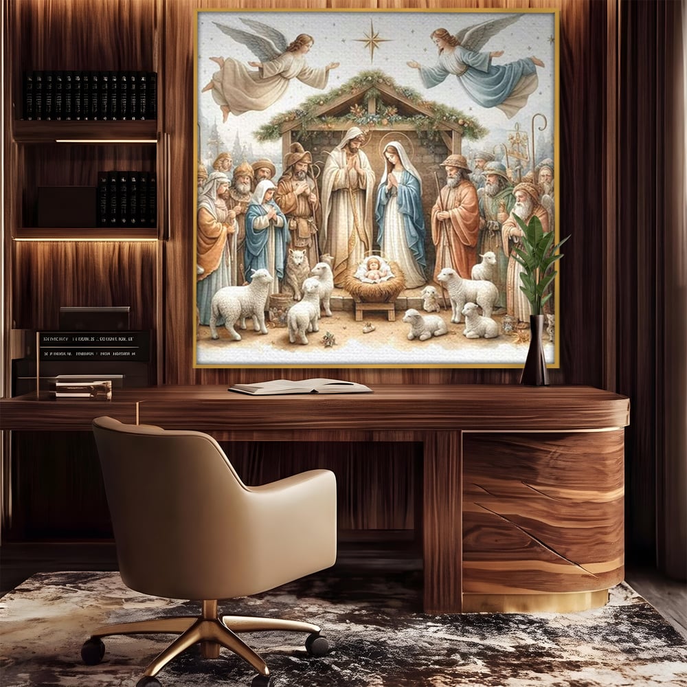 Leinwand Wandkunst Canvas Premium, LuxCanva® D1116, Frieden der Heiligen Insel, Szene, biblisch, Jesus, Engel, Hirten, Schafe, Schafe, Stern, Licht, Erlösung, Herrlichkeit, Spiritualität, Weihnachten, Glaube, Wohnen, Schlafzimmer