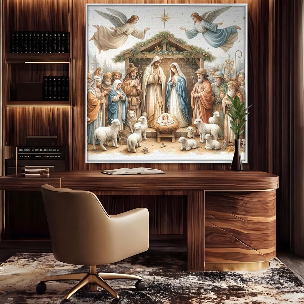 Leinwand Wandkunst Canvas Premium, LuxCanva® D1116, Frieden der Heiligen Insel, Szene, biblisch, Jesus, Engel, Hirten, Schafe, Schafe, Stern, Licht, Erlösung, Herrlichkeit, Spiritualität, Weihnachten, Glaube, Wohnen, Schlafzimmer