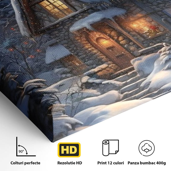 Tablou Canvas Premium, LuxCanva® D1117, Casa de Sub Zapada, Lumina, Noapte, Iarna, Cabana, Munte, Zapada, Horn, Fum, Ger, Brazi, Atmosfera, Basm, Caldura, Living, Dormitor