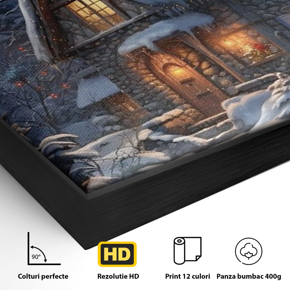 Tablou Canvas Premium, LuxCanva® D1117, Casa de Sub Zapada, Lumina, Noapte, Iarna, Cabana, Munte, Zapada, Horn, Fum, Ger, Brazi, Atmosfera, Basm, Caldura, Living, Dormitor