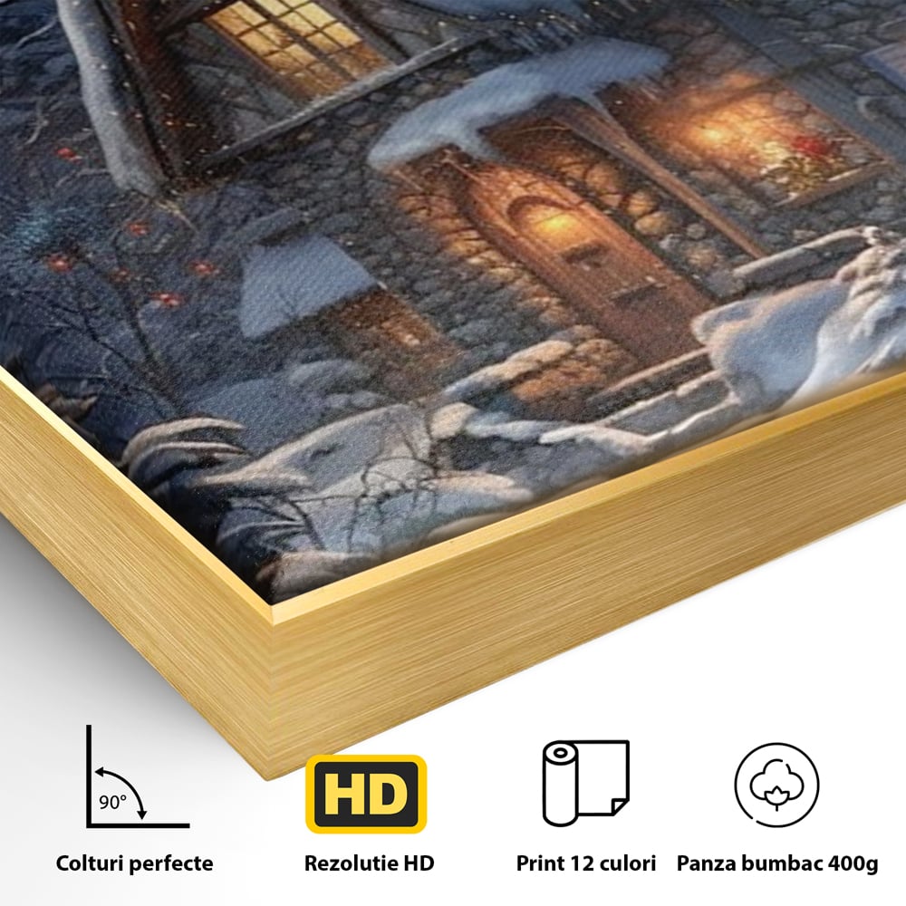 Tablou Canvas Premium, LuxCanva® D1117, Casa de Sub Zapada, Lumina, Noapte, Iarna, Cabana, Munte, Zapada, Horn, Fum, Ger, Brazi, Atmosfera, Basm, Caldura, Living, Dormitor
