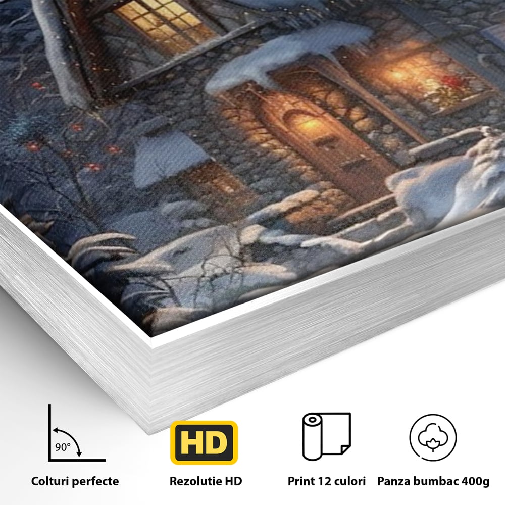 Tablou Canvas Premium, LuxCanva® D1117, Casa de Sub Zapada, Lumina, Noapte, Iarna, Cabana, Munte, Zapada, Horn, Fum, Ger, Brazi, Atmosfera, Basm, Caldura, Living, Dormitor