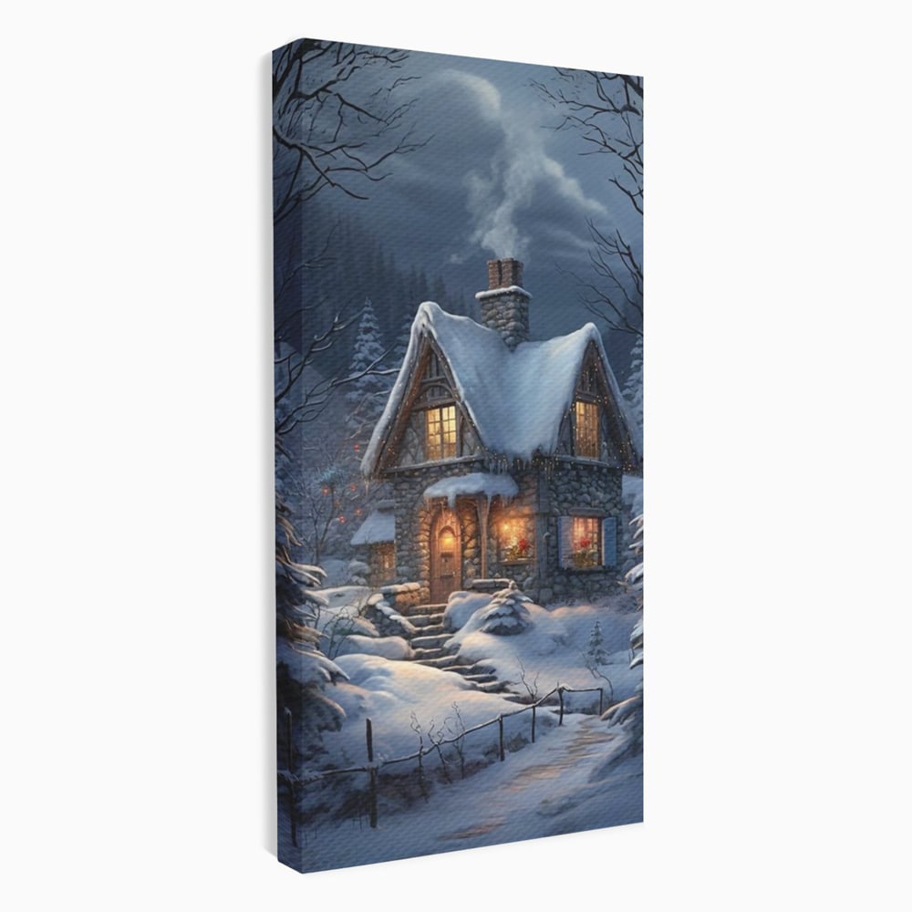 Tablou Canvas Premium, LuxCanva® D1117, Casa de Sub Zapada, Lumina, Noapte, Iarna, Cabana, Munte, Zapada, Horn, Fum, Ger, Brazi, Atmosfera, Basm, Caldura, Living, Dormitor