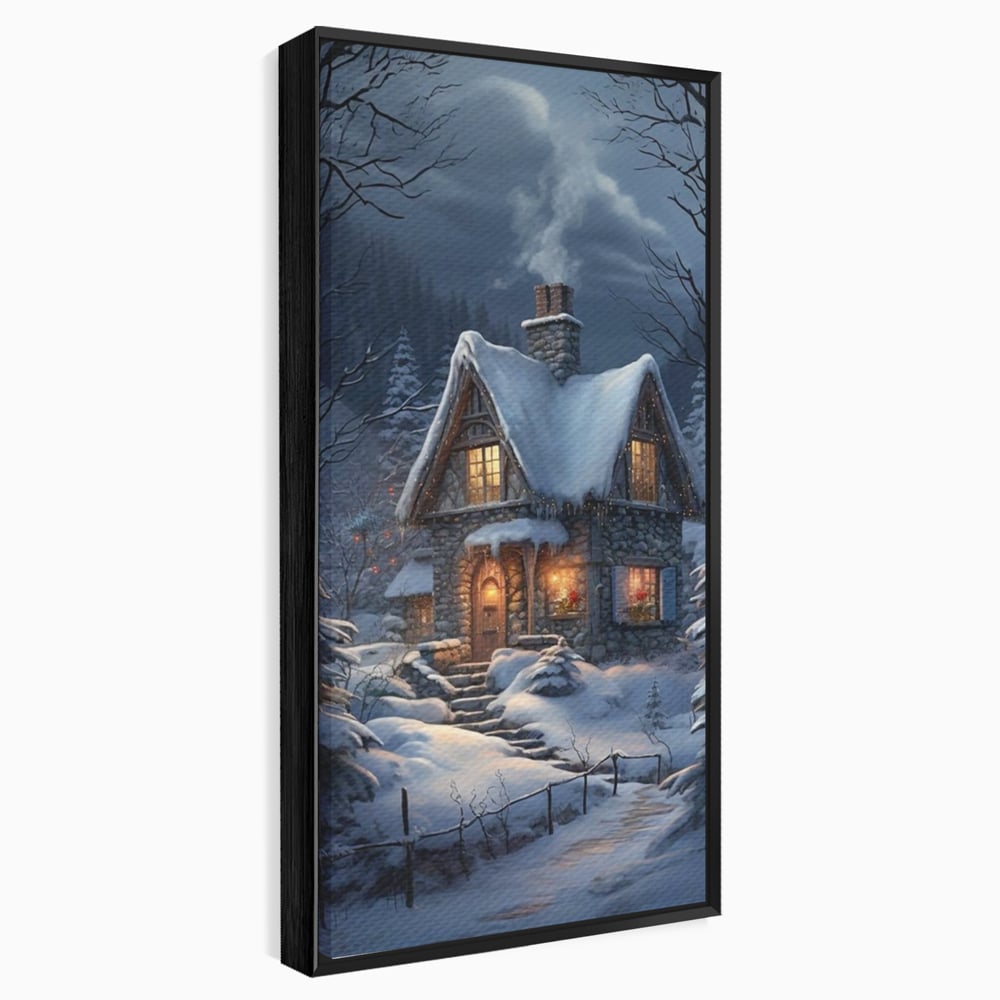 Tablou Canvas Premium, LuxCanva® D1117, Casa de Sub Zapada, Lumina, Noapte, Iarna, Cabana, Munte, Zapada, Horn, Fum, Ger, Brazi, Atmosfera, Basm, Caldura, Living, Dormitor