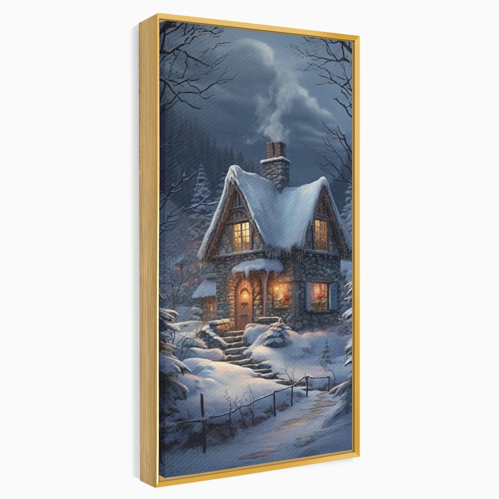 Tablou Canvas Premium, LuxCanva® D1117, Casa de Sub Zapada, Lumina, Noapte, Iarna, Cabana, Munte, Zapada, Horn, Fum, Ger, Brazi, Atmosfera, Basm, Caldura, Living, Dormitor