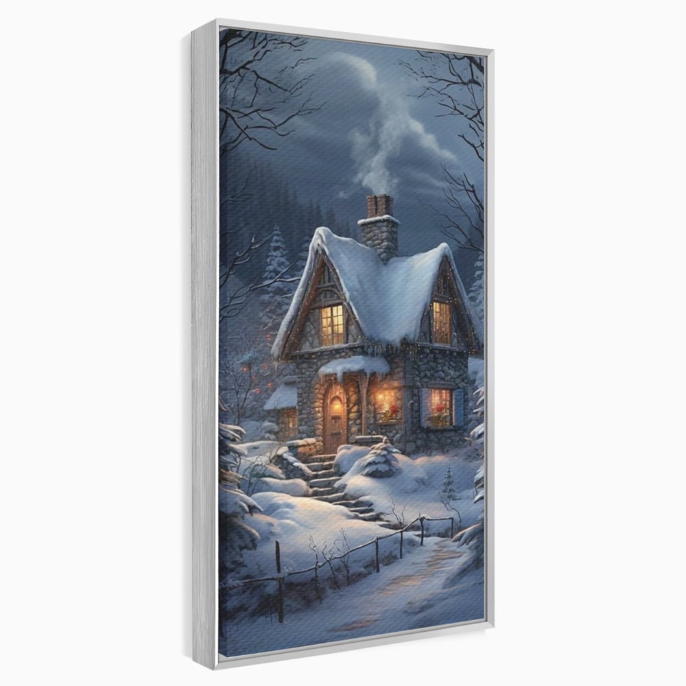 Tablou Canvas Premium, LuxCanva® D1117, Casa de Sub Zapada, Lumina, Noapte, Iarna, Cabana, Munte, Zapada, Horn, Fum, Ger, Brazi, Atmosfera, Basm, Caldura, Living, Dormitor
