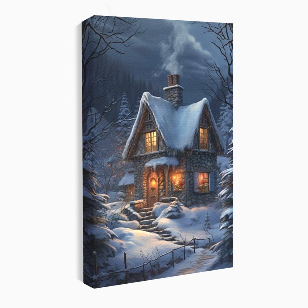 Tablou Canvas Premium, LuxCanva® D1117, Casa de Sub Zapada, Lumina, Noapte, Iarna, Cabana, Munte, Zapada, Horn, Fum, Ger, Brazi, Atmosfera, Basm, Caldura, Living, Dormitor