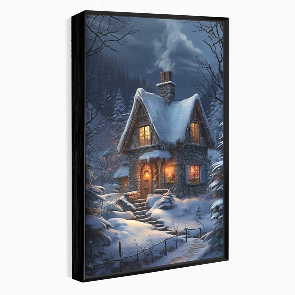 Tablou Canvas Premium, LuxCanva® D1117, Casa de Sub Zapada, Lumina, Noapte, Iarna, Cabana, Munte, Zapada, Horn, Fum, Ger, Brazi, Atmosfera, Basm, Caldura, Living, Dormitor