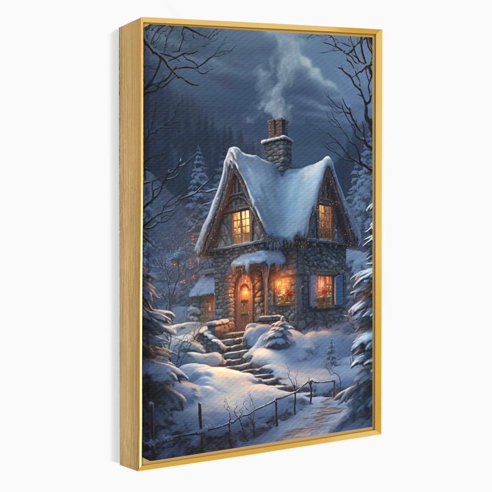 Tablou Canvas Premium, LuxCanva® D1117, Casa de Sub Zapada, Lumina, Noapte, Iarna, Cabana, Munte, Zapada, Horn, Fum, Ger, Brazi, Atmosfera, Basm, Caldura, Living, Dormitor