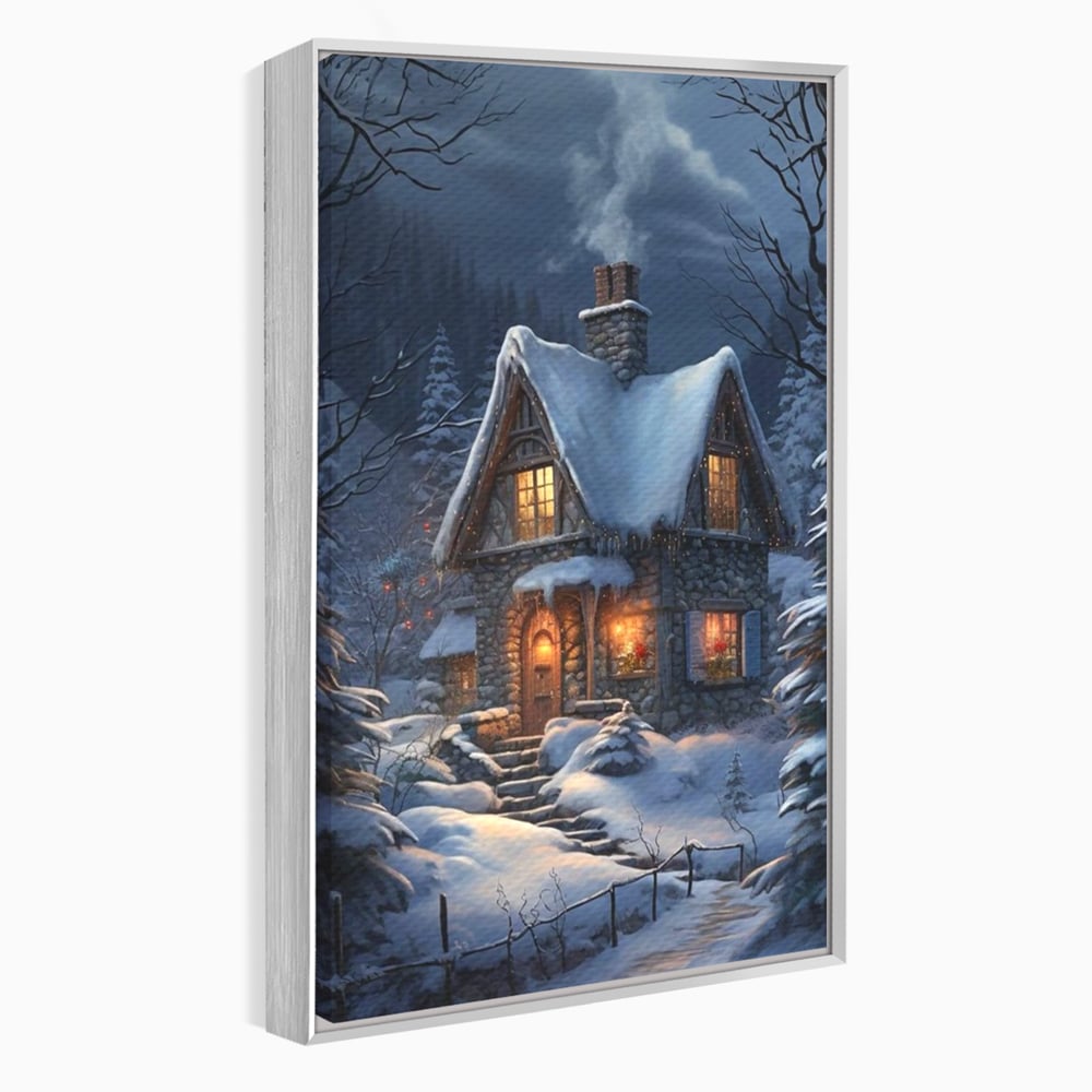 Tablou Canvas Premium, LuxCanva® D1117, Casa de Sub Zapada, Lumina, Noapte, Iarna, Cabana, Munte, Zapada, Horn, Fum, Ger, Brazi, Atmosfera, Basm, Caldura, Living, Dormitor