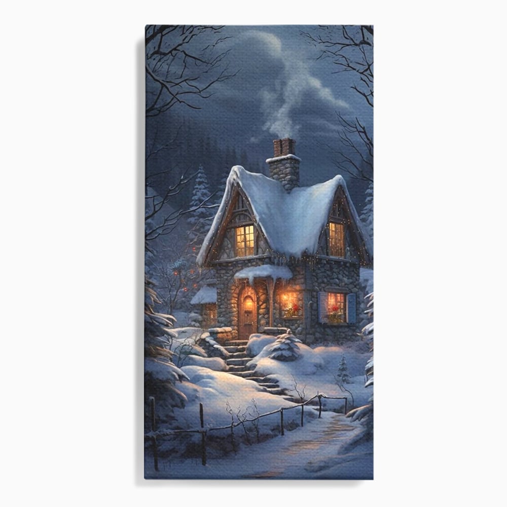Tablou Canvas Premium, LuxCanva® D1117, Casa de Sub Zapada, Lumina, Noapte, Iarna, Cabana, Munte, Zapada, Horn, Fum, Ger, Brazi, Atmosfera, Basm, Caldura, Living, Dormitor