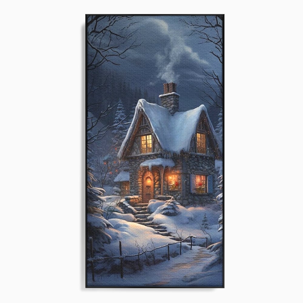 Tablou Canvas Premium, LuxCanva® D1117, Casa de Sub Zapada, Lumina, Noapte, Iarna, Cabana, Munte, Zapada, Horn, Fum, Ger, Brazi, Atmosfera, Basm, Caldura, Living, Dormitor